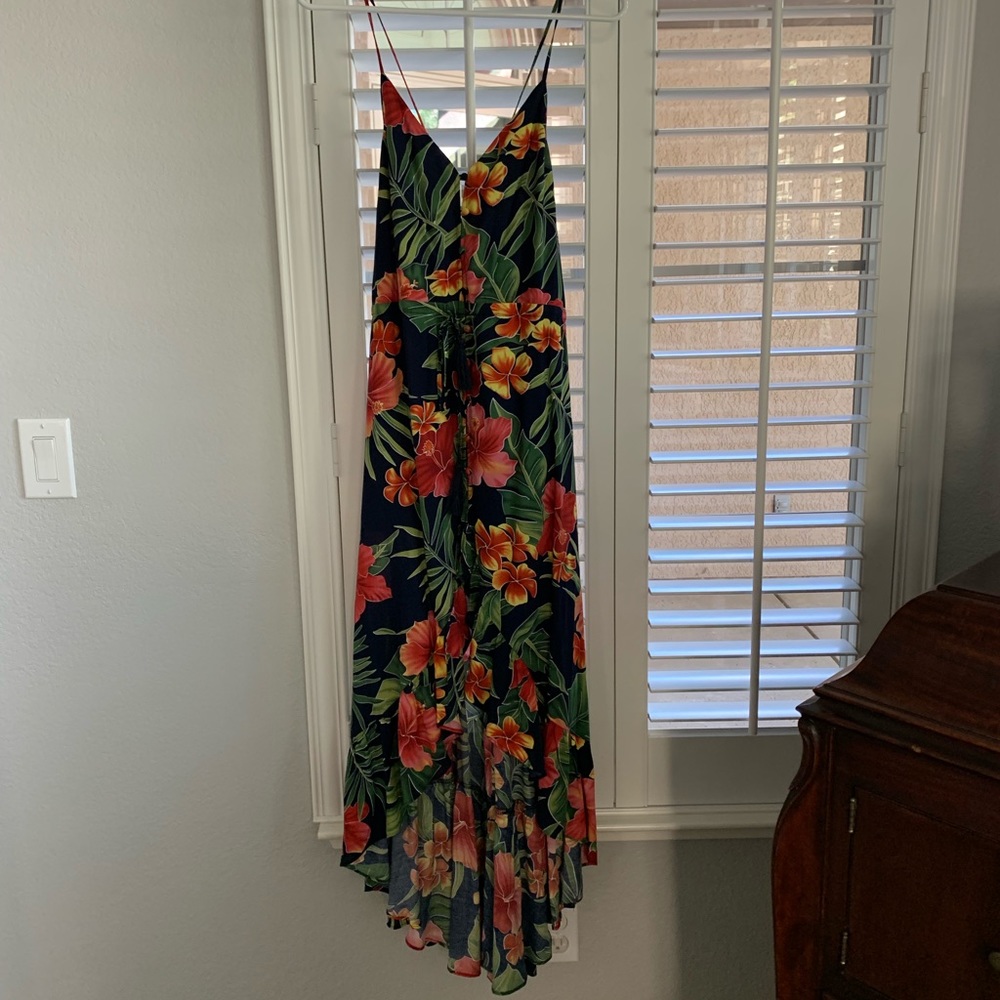 Tropical Print High-Low Midi Dress